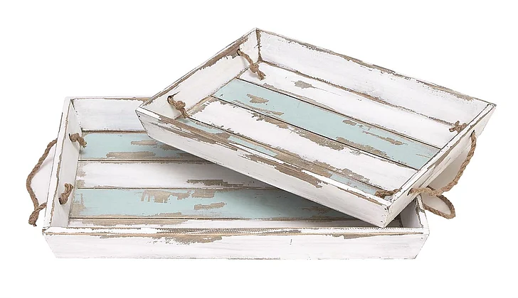 UMA White Wood Distressed Living Room Decor Tray with Blue Stripes and Jute Handles, Set of 2 18, 15W | 38711