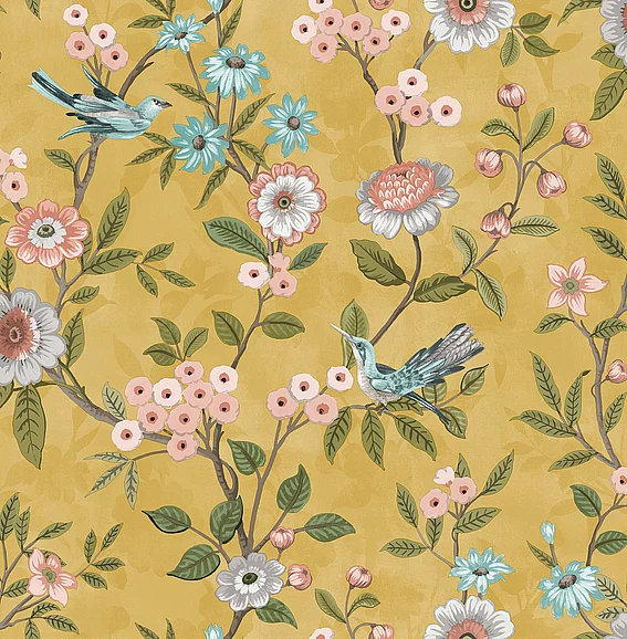 York Fine Decor Elspeth Mustard Floral Trail Wallpaper (Double Roll) FD43446