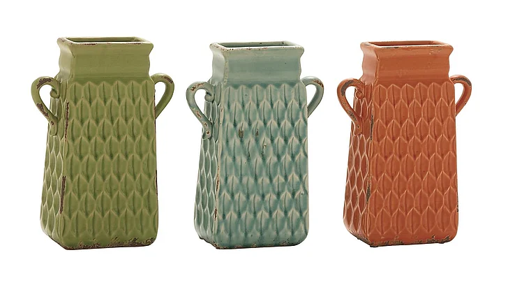 UMA Multi Colored Ceramic Vase with Handles, 3 Assorted 7"W, 10"H | 38894