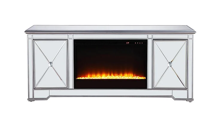 Elegant 60 In. Mirrored TV Stand with Crystal Fireplace Insert in Antique Silver MF601S-F2 CLOSEOUT