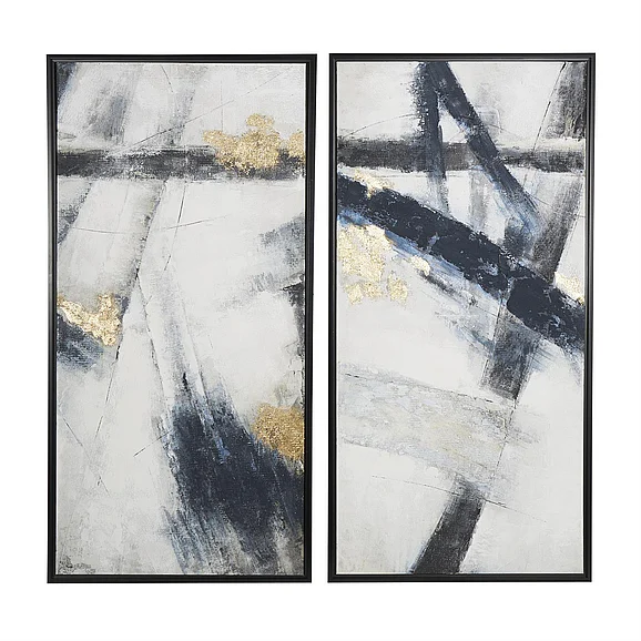 UMA Light Gray Canvas Abstract Lines Living Room Framed Wall Art with Gold Foil Accents, Set of 2 28W, 55H | 39042