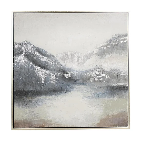 UMA Gray Canvas Abstract Landscape Living Room Framed Wall Art with Silver Foil Accents, 47" x 2" x 47" | 39043