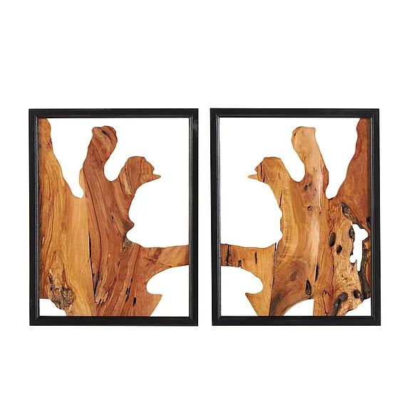 UMA Brown Wood Abstract Handmade Live Edge Home Wall Decor with Black Frames, (Set of 2) 15W, 20H | 39234