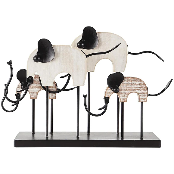 UMA Black Metal Elephant Overlapping Decorative Sculpture with Wood Accents, 23" x 6" x 16" | 39352 CLOSEOUT
