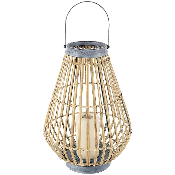 UMA Brown Bamboo Wood Handmade Open Framed Indoor Outdoor Candle Lantern with Blue Metal Accents and Handle, 11" x 11" x 16" | 39366 CLOSEOUT