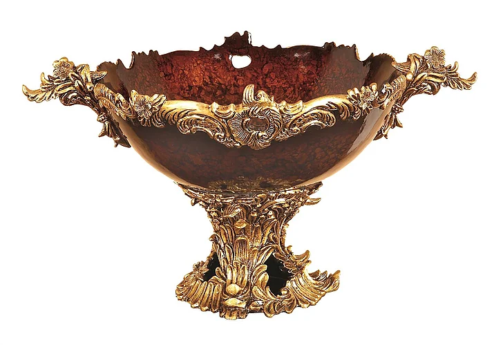 UMA Gold Polystone Leaf Intricately Carved Arabesque Decorative Bowl, 19 x 14 x 11 | 39651