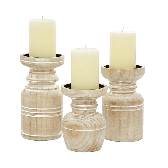 UMA Brown Wood Pillar Decorative Candle Holder with White Wash Finish, Set of 3 9, 8, 6H | 39723 CLOSEOUT