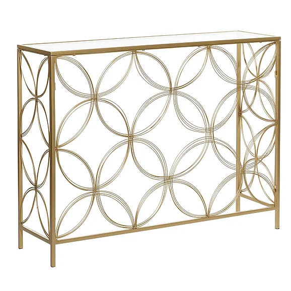 UMA Gold Metal Geometric Open Style Quatrefoil Frame Living Room Console Table with Glass Top, 42 x 12 x 32 | 39739