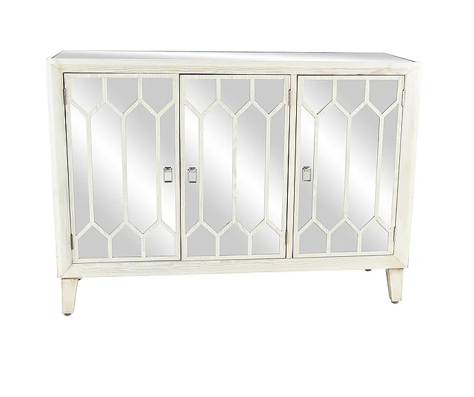 UMA White Wooden Geometric Mirrored 1 Shelf and 3 Doors Room Cabinet, 47" x 19" x 34" | 39886 CLOSEOUT