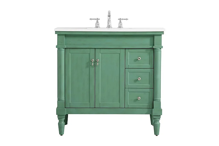 Elegant 36 In. Single Bathroom Vanity in Vintage Mint with Ivory White Engineered Marble VF13036VM-VW