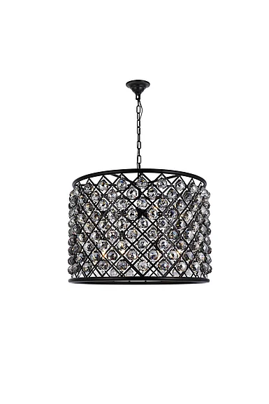 Elegant Madison 8 Light Matte Black Chandelier Silver Shade (Grey) Royal Cut Crystal 1206D27MB-SS/RC
