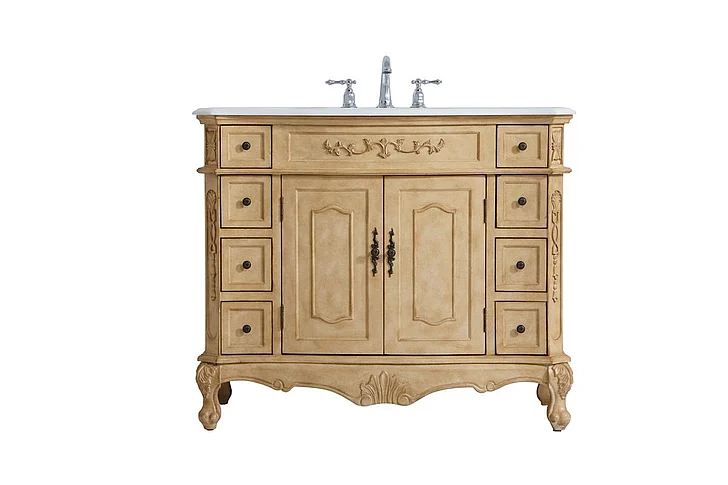 Elegant 42 In. Single Bathroom Vanity in Light Antique Beige with Ivory White Engineered Marble VF10142AB-VW