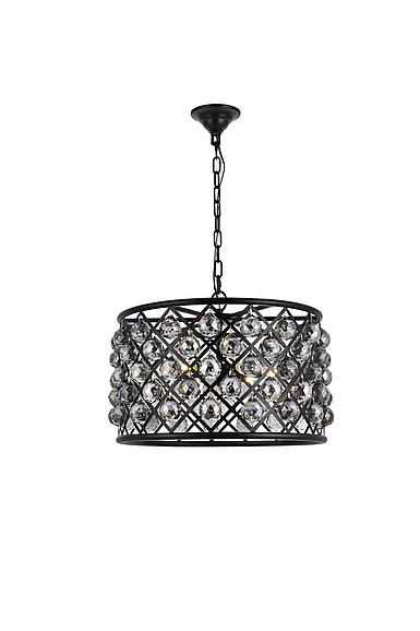 Elegant Madison 6 Light Matte Black Pendant Silver Shade (Grey) Royal Cut Crystal 1206D20MB-SS/RC
