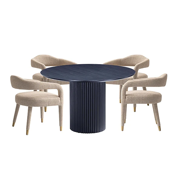 Manhattan Comfort 5-Piece Hathaway Modern 47.24 Solid Wood Round Dining Set in Black with 4 Aspen Tweed Upholstered Dining Chairs in Gold Dust 4-DT03DC093AR-BKGD