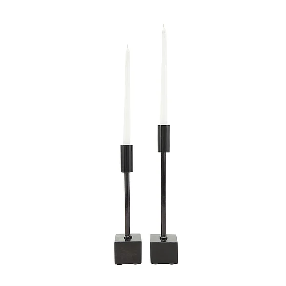 UMA Black Aluminum Metal Slim Decorative Candle Holder with Black Block Bases, (Set of 2) 11, 13H | 40220 CLOSEOUT