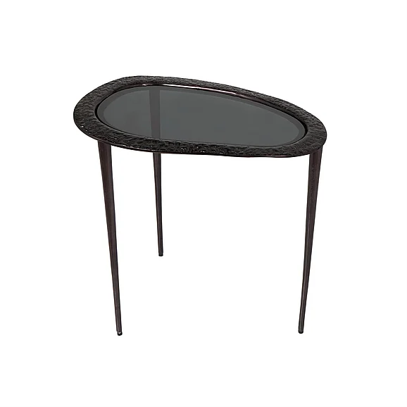 UMA Black Aluminum Metal Abstract Oval Shaped Side End Accent Table with Shaded Glass Top and Detailed Engravings, 23" x 15" x 23" | 40236 CLOSEOUT