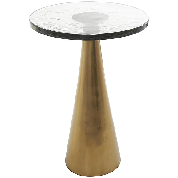 UMA Gold Aluminum Metal Geometric Cone Side End Accent Table with Textured Glass Tabletop, 16" x 16" x 24" | 40244