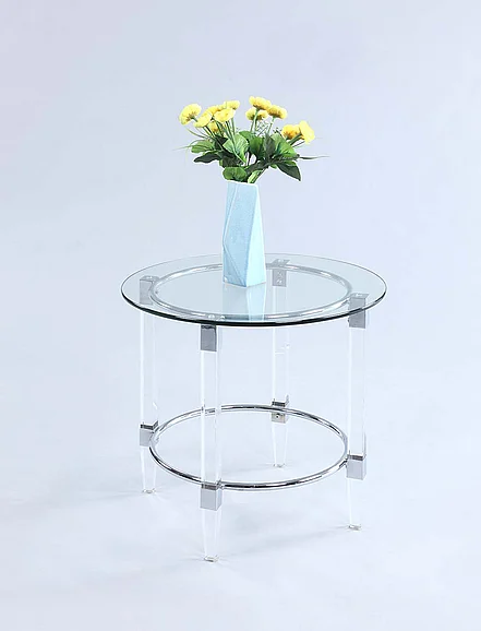Chintaly 4038 Round Glass Top Lamp Table in Chrome