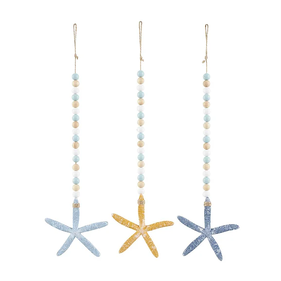 UMA Blue Wood Starfish Handmade Dimensional Textured Home Wall Decor with Long Beaded Hanging Rope, Set of 3 6W, 25H | 40407