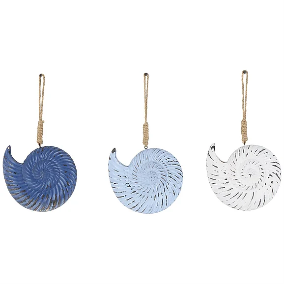UMA Blue Wooden Shell Distressed Home Wall Decor with Jute Hanging Rope, Set of 3 8W, 15H | 40409 CLOSEOUT