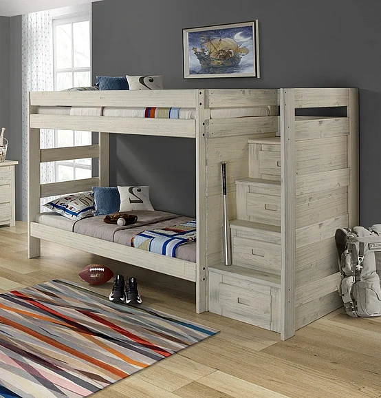 Pine Crafter Furniture Mountain Brook Double Twin Reversible Staircase Bunk Bed in Antique White 40411A-Atq