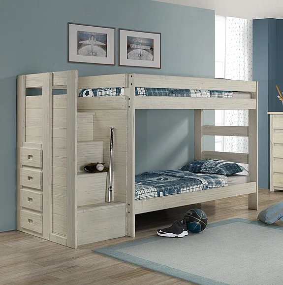 Pine Crafter Furniture Mountain Brook Double Twin Staircase Bunk Bed (w/Recessed Drawers) in Antique White 40411B-Atq