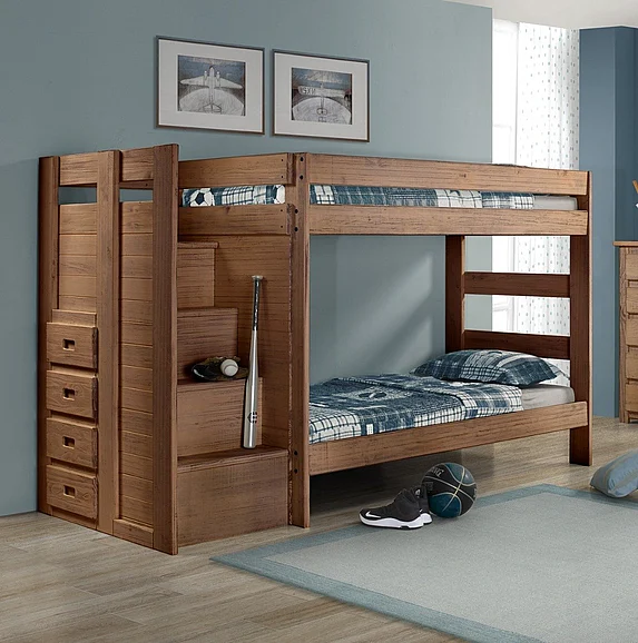 Pine Crafter Furniture Mountain Brook Double Twin Staircase Bunk Bed (w/Recessed Drawers) in Mahogany Brown 40411B-Mah