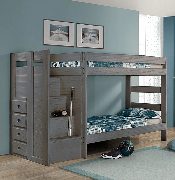 Pine Crafter Furniture Mountain Brook Double Twin Staircase Bunk Bed (w/Recessed Drawers) in Walnut Gray 40411B-Wal