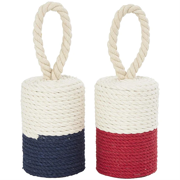 UMA Cream Cotton Fabric Buoy Coiled Colorblock Decorative Sculpture with Red and Blue Bases, Set of 2 5W, 7H | 40417 CLOSEOUT