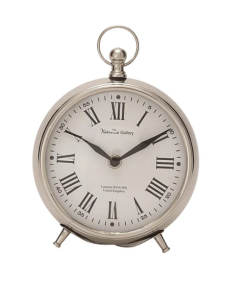 UMA Silver Stainless Steel Metal Decorative Clock with Ring Top, 6" x 3" x 7" | 40681