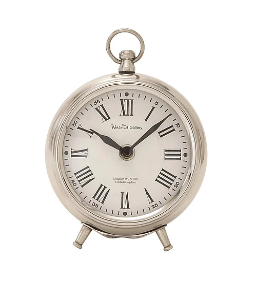 UMA Silver Stainless Steel Metal Decorative Clock with Ring Top, 5" x 2" x 6" | 40688
