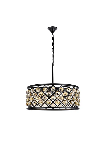 Elegant Madison 6 Light Matte Black Chandelier Golden Teak (Smoky) Royal Cut Crystal 1214D25MB-GT/RC