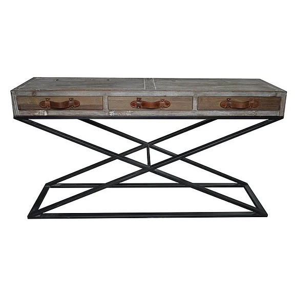 Moti Furniture Rhine Sofa Table with Leather Strap in Black/Grey