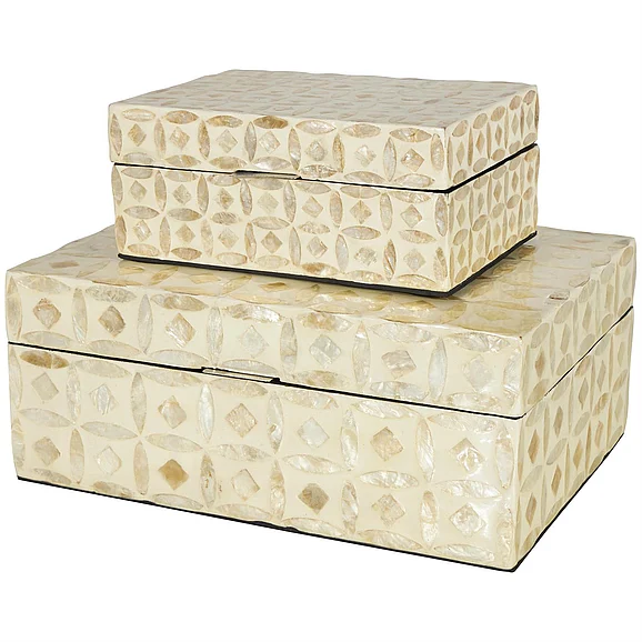 UMA Beige Mother of Pearl Shell Mosaic Storage Decorative Box with Taupe Accents, Set of 2 12, 8W | 41125