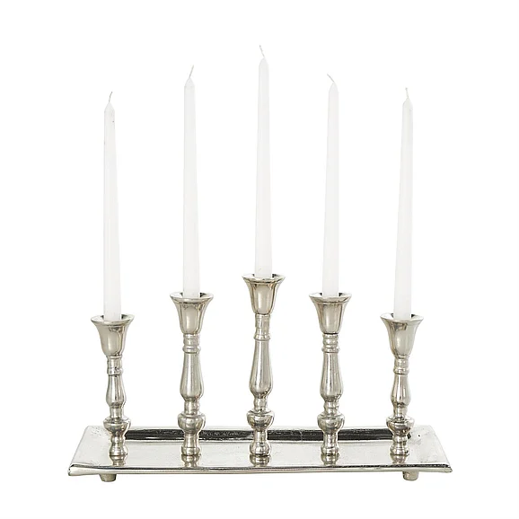 UMA Silver Aluminum Metal 5 Candle Decorative Candelabra with Candle Plate, 16" x 6" x 8" | 41321 CLOSEOUT