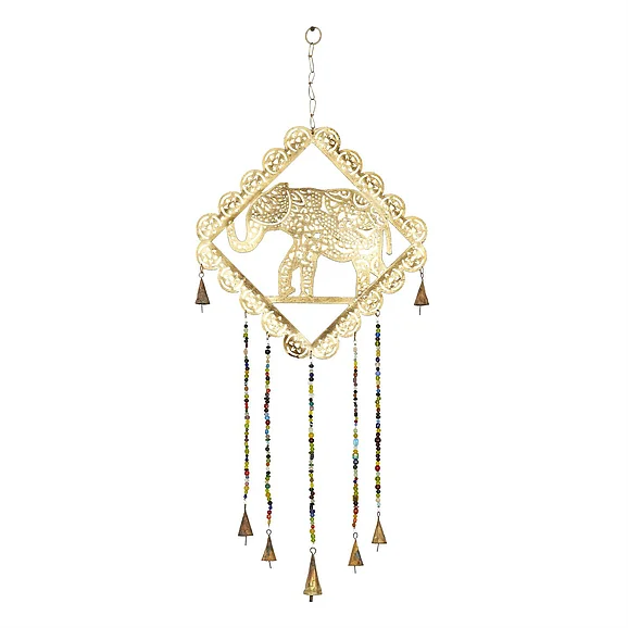 UMA Gold Metal Elephant Indoor Outdoor Windchime with Glass Beads and Cone Bells, 14" x 1" x 29" | 41412 CLOSEOUT