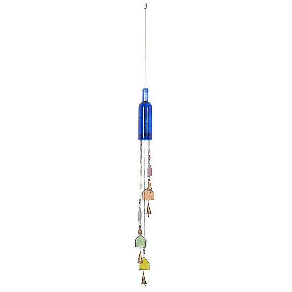 UMA Blue Glass Handmade Bottle Indoor Outdoor Windchime with Beads and Cone Bells, 3 x 3 x 41 | 41441