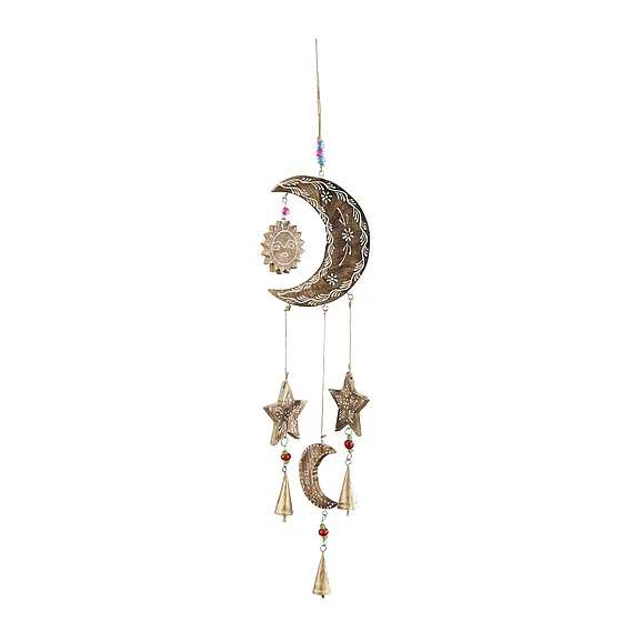 UMA Gold Mango Wood Sun and Moon Handmade Indoor Outdoor Windchime with Glass Beads and Cone Bells, 7" x 1" x 27" | 41442