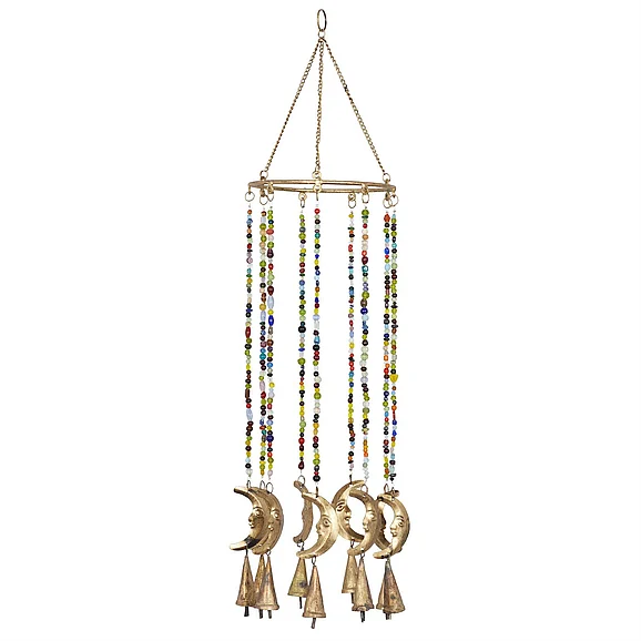 UMA Gold Metal Moon Indoor Outdoor Windchime with Glass Beads and Cone Bells, 7" x 7" x 19" | 41453 CLOSEOUT