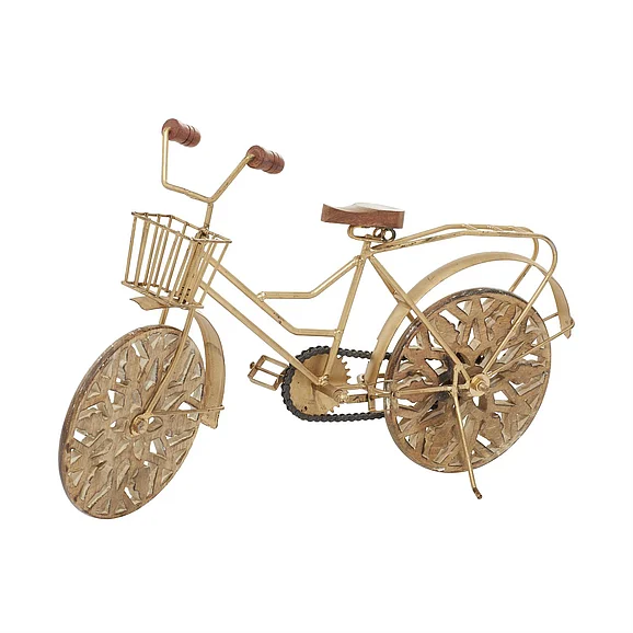 UMA Gold Metal Bike Decorative Sculpture with Carved Wood Wheels, 19" x 5" x 12" | 41472