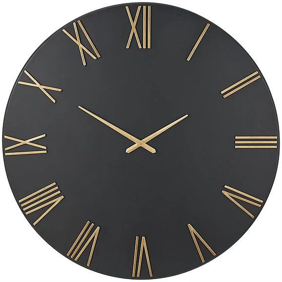 UMA Black Metal Decorative Wall Clock with Gold Hands and Numbers, 48" x 2" x 48" | 41737