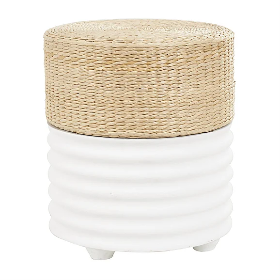 UMA White Wooden Geometric Handmade Woven Two-Toned Side End Accent Table with Seagrass Top, 15 x 15 x 18 | 41741
