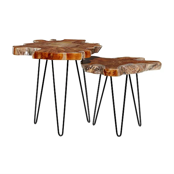 UMA Brown Teak Wood Live Edge Top Side End Accent Table with Black Metal Hairpin Legs, (Set of 2) 20, 23W | 42061