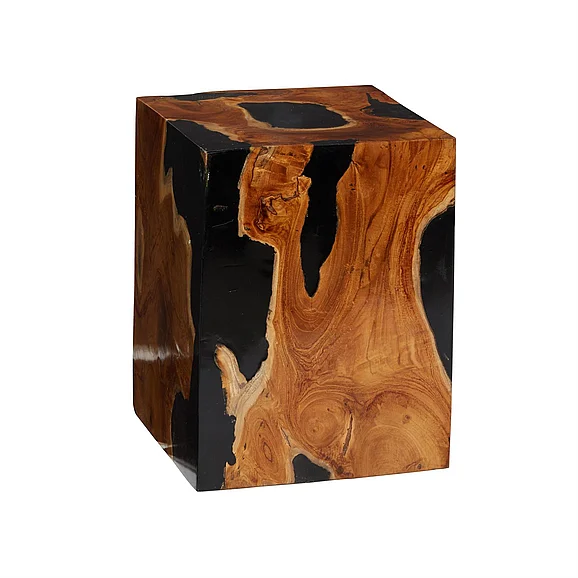 UMA Brown Teak Wood Block Side End Accent Table with Black Resin Inlay, 12 x 11 x 15 | 42066