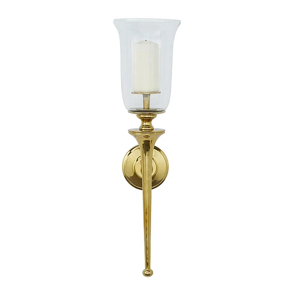 UMA Gold Aluminum Metal Single Candle Indoor Outdoor Wall Sconce with Glass Holder, 8" x 8" x 30" | 42289 CLOSEOUT