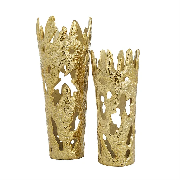 UMA Gold Aluminum Metal Decorative Vase with Cut Out Designs, (Set of 2) 20, 15H | 42298