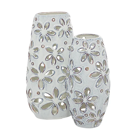 UMA White Ceramic Floral Handmade Daisy Cut Out Decorative Vase, Set of 2 14, 11H | 42328