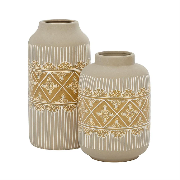 UMA Beige Ceramic Floral Handmade Decorative Vase with Diamond Pattern, Set of 2 9, 11H | 42330 CLOSEOUT