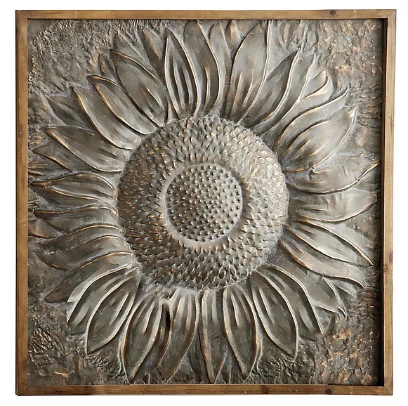 UMA Gray Metal Floral Sunflower Home Wall Decor with Embossed Details, 39 x 1 x 39 | 42855