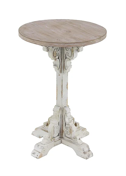 UMA White Wood Scroll Distressed Pedestal Side End Accent Table with Brown Wood Top, 16" x 16" x 23" | 42931